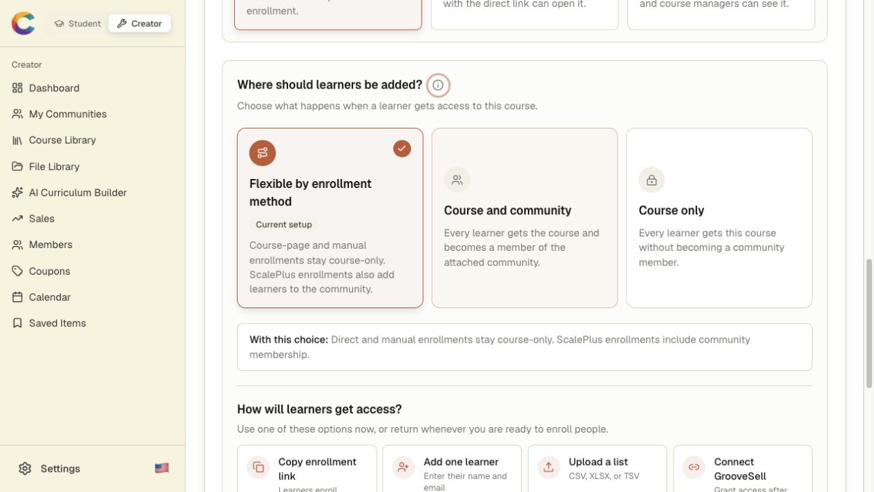 Learner destination choices in the Courses.gg course editor