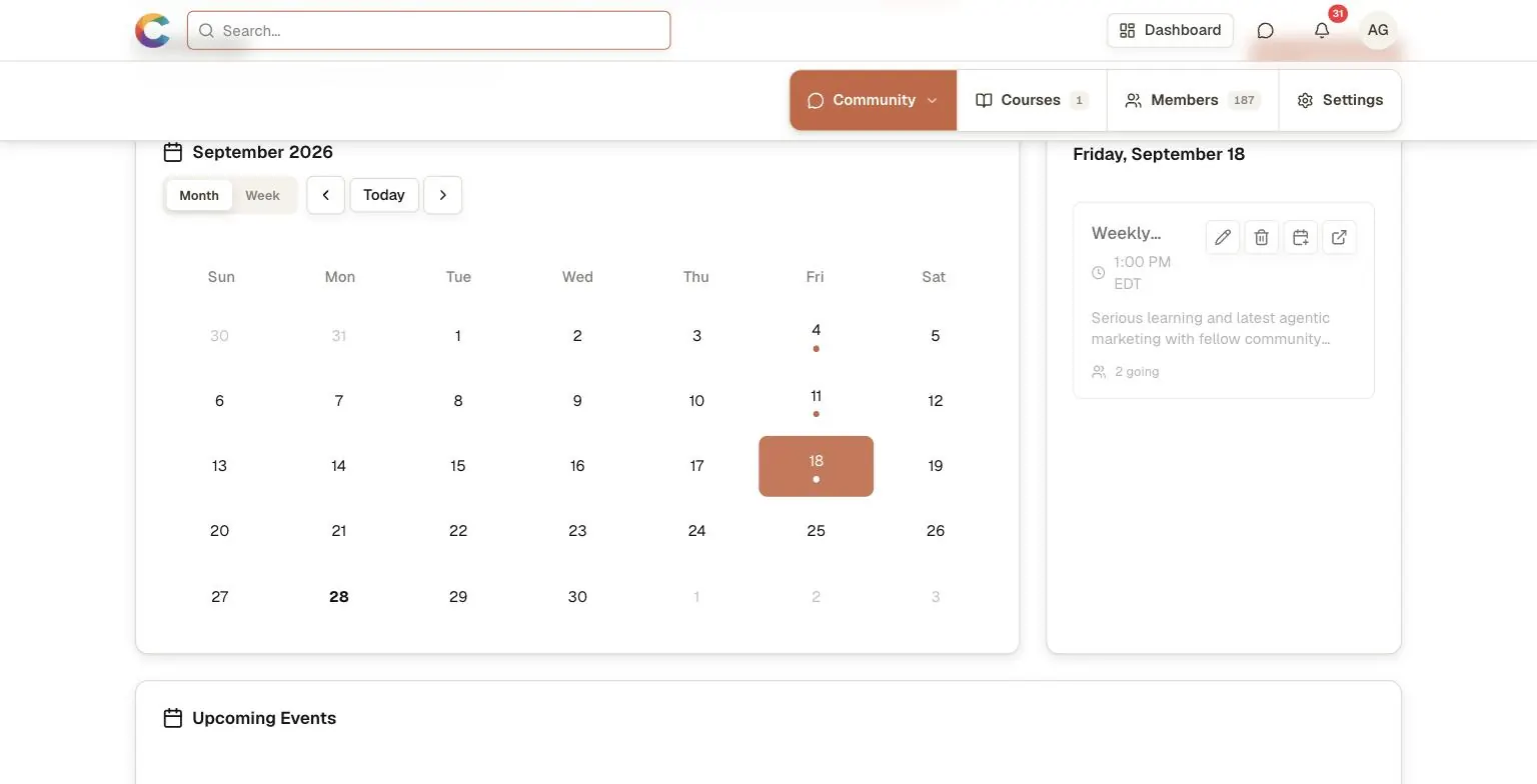 Courses.gg community calendar for September 2026 in month view, with a weekly session highlighted on Friday, September 18 at 1:00 PM and its attendee count