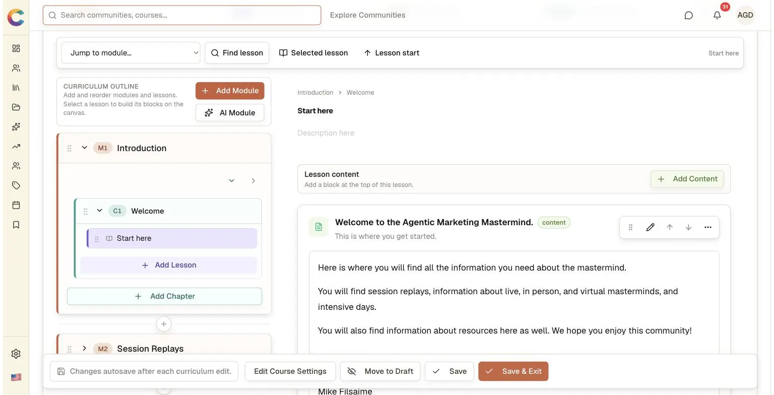 Courses.gg Edit Curriculum screen with a module outline (Introduction, Welcome chapter, Start here lesson, Session Replays module) beside a lesson canvas showing a content block